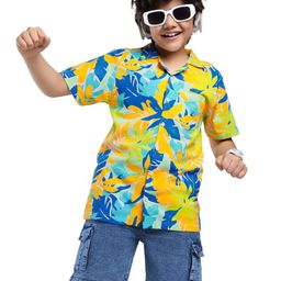 Ollington St. Cotton Leaf Printed Half Sleeves Shirt & Denim Shorts Set - Multicolor & Indigo-image-13