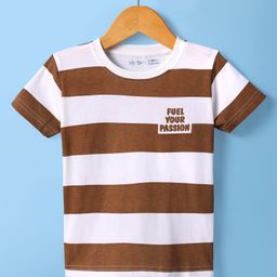 Doreme Single Jersey Knit Half Sleeves Striped T-Shirt With Text Print - Brown & White-image-87