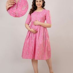 CeleBravo Cotton Half Sleeves Floral & Paisley Printed Maternity Dress With Nursing Access - Pink-image-27
