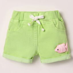 Little Kangaroos Woven Knee Length Denim Shorts With Star Applique & Adjustable Elastic - Lime Green-image-44