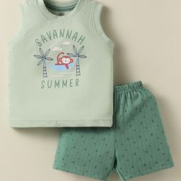 Zero Sinker Knit Sleeveless Tank T-Shirt & Shorts Set With Beach Theme Print - Green-image-50