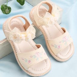 Babyoye Velcro Closure Sandals With Floral Applique - Beige-image-62