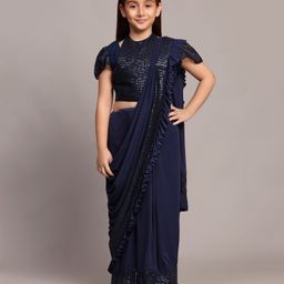 SHRITHI Fashion Fab Sinker Woven Sequins Embellished Wrap Around Saree With Unstitched Blouse Piece - Dark Blue-image-4