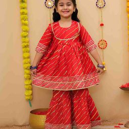 Little Ginnie Cotton Woven Three Fourth Sleeves Leheriya Printed Gota Lace Embellished Coordinating Kurta & Sharara Set - Red-image-66