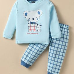 Mini Taurus Interlock Knit Full Sleeves Night Suit With Animal Print & Bow Applique - Light Blue-picture-16