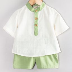 Hugsntugs Cotton Woven Half Sleeves Solid Kurta Style Mandarin Collar Shirt & Shorts Set - White-image-84