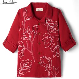 arias by lara dutta Arias Cotton Woven Full Sleeves Shirt with Floral Embroidery - Rust Orange-picture-4