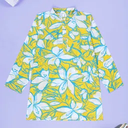 Kiddopanti Cotton Woven Full Sleeves Floral Printed Kurta - Pop Yellow & Blue-picture-39