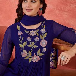 Sangria Floral Yoke Design Straight A-Line With Trouser And Dupatta-picture-26