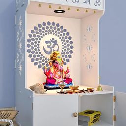 homscape Divine Om Chakra Wooden White Pooja Mandir With Spacious Shelf & Inbuilt Focus Light image 3
