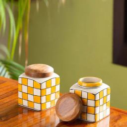 ExclusiveLane Shatranj Manch Yellow & Brown Ceramic Storage Jar With Lid - Set of 4-5