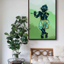 999Store Green Canvas Lord Krishna Playing Flute Canvas Painting-18