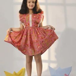 VASTRAMAY Girls Pink Cotton Floral Dresses-image-81