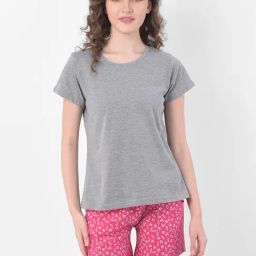 Clovia Grey & Pink Cotton T-Shirt & Shorts Set-image-17