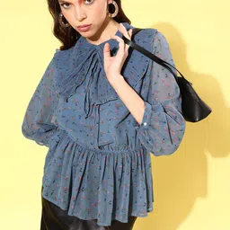 QUIERO Blue Floral Statement Collar Top-image-68