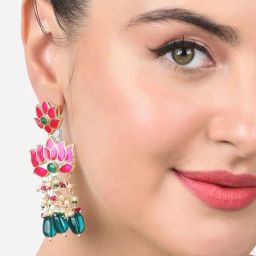 Zaveri Pearls Green Beads & Pink Meenakari Lotus Design Drop Earrings-ZPFK15389-15
