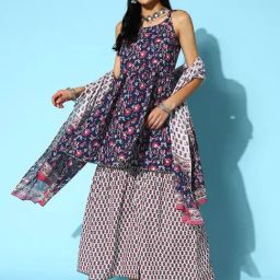 Prakrti Navy Cotton Printed Kurti Sharara Set With Dupatta-image-3