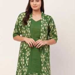Moomaya Green Cotton Floral Print Night Dress With Shrug-21