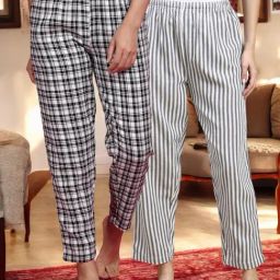Kryptic White & Light Blue Cotton Relaxed Fit Printed Lounge Pant - Pack of 2-image-78