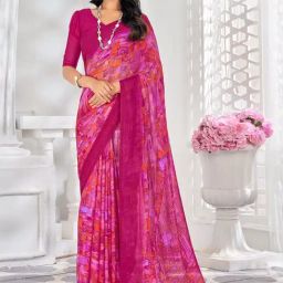 Satrani Pink Printed Saree With Unstitched Blouse-image-69