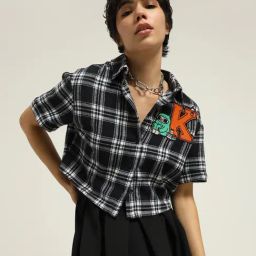Only Black & White Cotton Checks Crop Shirt-image-34