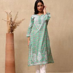 House Of Chikankari Green Cotton Chikankari Kurti-image-85