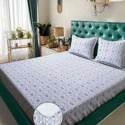 Klotthe Blue 300 TC Polycotton Double Elastic Book Fold Bedsheet with 2 Pillow Covers-picture-1