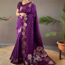 Satrani Purple Silk Floral Print Saree With Unstitched Blouse-picture-4