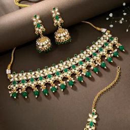 Peora Gold-Plated Kundan Studded Choker Necklace with Earrings Maang Tikka Jewellery Set-image-96