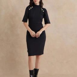 RAREISM Black Cotton Blend Solid Short Sleeves Dress-image-42