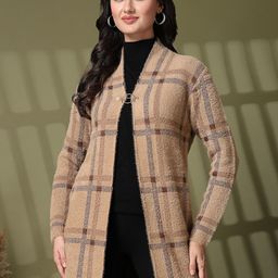 Juelle Women Checked Open Front Long Sleeves Woolen Longline Shrug-image-114