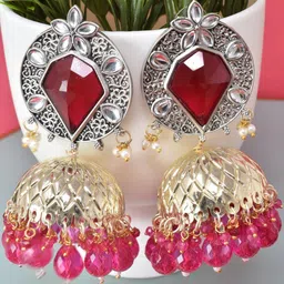 MEIRA JEWELLERY Silver-Plated Stones Studded & Beaded Oxidised Dome Shaped Jhumkas-picture-45