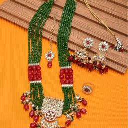 Zaveri Pearls Green Maroon Multistrand Necklace Earring Maangtikka & Ring Set-ZPFK11455-35