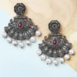 OOMPH Jewellery Oxidized Silver Marron Stone with Pearls Floral Ethnic Dangler-image-19