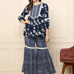 DEEBACO Floral Printed Peplum Top With Sharara Co-Ords-1