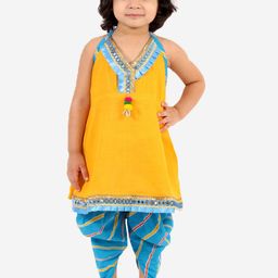 KID1 Girls Yellow Leheriya Embroidered Pure Cotton Kurta with Dhoti Pants-image-60