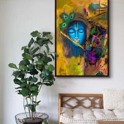 999Store Multicolor Canvas Lord Krishna Face Art Canvas Painting With Frame-14