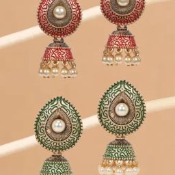 OOMPH Jewellery Green & Red with Pearls Ethnic Jhumki - Set of 2-12