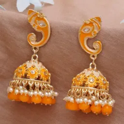 Karatcart Gold-Plated Yellow Lord Ganesha Jhumki Earrings-image-92