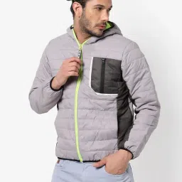 Campus Sutra Grey Regular Fit Quilted Hooded Jacket-image-81