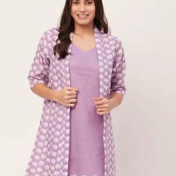 Moomaya Lavender Cotton Printed Night Dress With Shrug-image-2