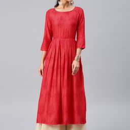 Vishudh Women Coral Red Floral Print Anarkali Kurta-image-37