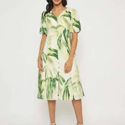 Madame Off White & Green Flare Fit Printed Dress-image-9