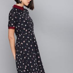 Tokyo Talkies Women Navy Blue & Off-White Printed A-Line Dress-image-9