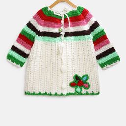 CHUTPUT Girls Off-White & Green Open Knit Sweater Dress-picture-10