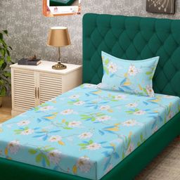 Myntra Elegant Homes Blue & White Floral Printed 300 TC Single Bedsheet Set-image-16