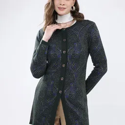Monte Carlo Women Abstract Self Design Round Neck Ribbed Cardigan Sweater-image-3