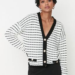Trendyol Women Black & White Striped Acrylic Cardigan Sweater-image-48
