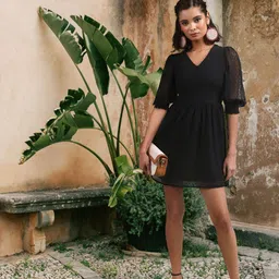 DressBerry Black Dobby Weave A-Line Dress-picture-55