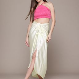 MANGO Mid-Rise Satin Finish Knot Detail Asymmetric Hem Maxi Straight Skirt with Front Slit-7